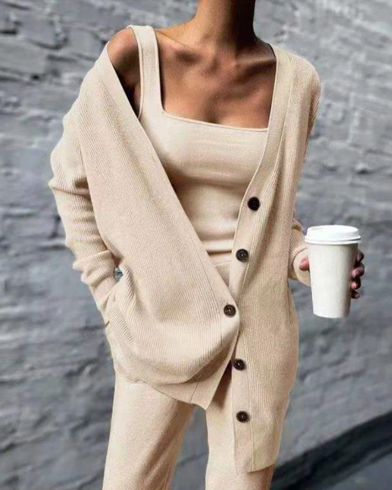 Ensemble Trois Pièces en Maille Côtelée avec Cardigan Long pour Femme | Idéal pour la Mi-Saison – Image 4