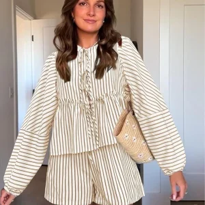 Ensemble Haut à Manches Longues et Short Taille Haute à Rayures pour Femme | Idéal pour l'Été