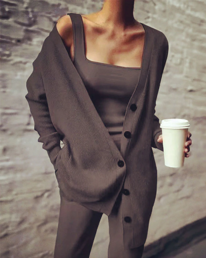 Ensemble Trois Pièces en Maille Côtelée avec Cardigan Long pour Femme | Idéal pour la Mi-Saison – Image 2