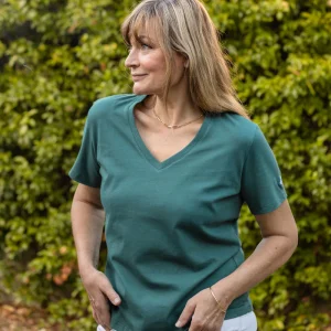 T-shirt Femme Vert Garonne Col V en 100% Coton Bio - Trinité